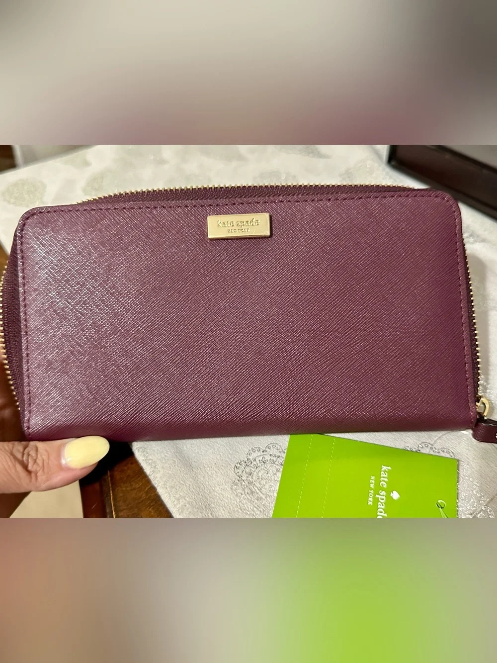 kate spade Plum Zip-Around Saffiano Wallet with Gold Plate